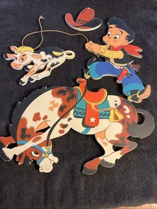 Vintage Dolly Toy Co. Cowboy Western Rodeo Child Nursery 4 pc Wall Plaques 1958 - Picture 1 of 12