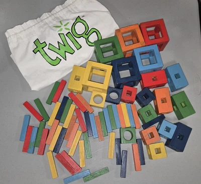 TWIG Colorful Wooden Building Blocks with Carrying Bag  Fat Brain Toys 66 pieces - Image 1 of 2