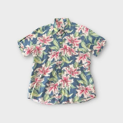 Faherty Hawaiian Shirt Button Up Kona Camp Floral S/S Mens L Blue Linen Blend - Image 1 of 4