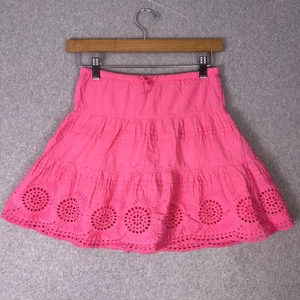 Mini Boden Skirt Girls 5/6 Pink Cotton Eyelet Tiered Ruffle Hem Drawstring Waist - Picture 1 of 10