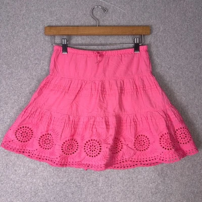 Mini Boden Skirt Girls 5/6 Pink Cotton Eyelet Tiered Ruffle Hem Drawstring Waist - Image 1 of 4