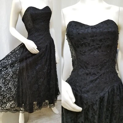 NWT Vintage POSITIVELY ELLYN Black Beaded Lace Strapless Sweetheart DRESS - S - Image 1 of 4