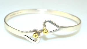 STEFAN BLAKE STERLING SILVER & 18K YELLOW GOLD DOUBLE HEART HOOK BANGLE BRACELET - Picture 1 of 5