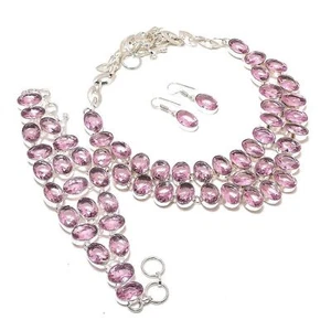 Faceted Pink Kunzite Gemstone Handmade Ethnic 925 Sterling Silver Jewelry Set F9 - Picture 1 of 6