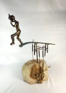 Mid Century Curtis Jere Sculpture Boy Jumping Off Diving Board Brass On Marble - Picture 1 of 12