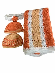 Crochet Baby Blanket with 2 Hats/caps And 1 Matching Headband Orange White  - Imagen 1 de 8