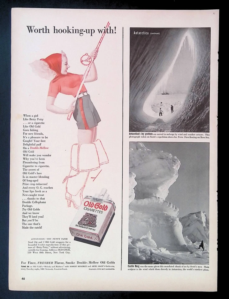 Anuncio impreso Niña bonita Betty Pequeña Apretado Rojo Top Pesca Cigarrillo Dorado Antiguo Foto 1 de 1