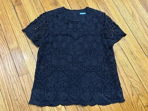 J. McLaughlin Short Sleeve Black Blouse  100% Cotton Lace Overlay Women's Medium - Picture 1 of 12
