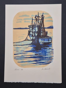 Impresión en madera firmada por Michelle Morrell 2003 barco "Seiner", edición 31/09, Alaska - Imagen 1 de 2