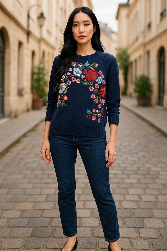 Suéter Loft Azul Marino Con Bordado Floral Talla Mediana Clásico A Medida Foto 1 de 4