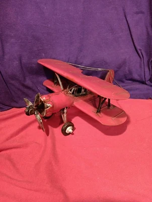 Vintage Red Metal Prop Bi-Plane with Moving Propellers and Wheels 10" Rare - Image 1 of 4