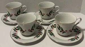 The Cellar All the Trimmings Japan Teacup And Saucer Holly Leaf Set Of 4 - Picture 1 of 9