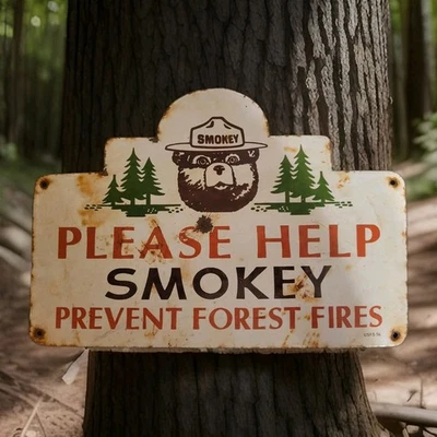 Letrero de porcelana vintage del Servicio Forestal de los Estados Unidos Oso ahumado Prevenir incendios forestales USFS Foto 1 de 4