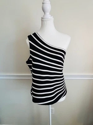 Joseph Ribkoff Striped One Shoulder Top Black/White Size 20 Elegant Classic - Image 1 of 4