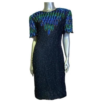 Stenay Vintage Dress 16 Sequins Silk Short Sleeve Beaded Peacock Design Cocktail - Image 1 of 4