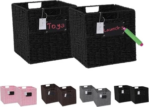 Set of 2 Storage Cubes Black Wicker Baskets Organizer 11" Bins Chalkboard Label - Picture 1 of 12