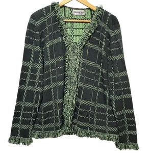 VTG San Remo Womens Knit Jacket XL Black Green Fringe Geometric Boho Cottagecore - Picture 1 of 8