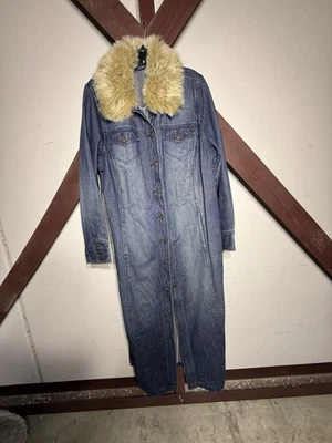Venezia Jeans Long Denim Coat Faux Fur Collar Maxi Jacket Y2K Penny Lane Sz XL - Image 1 of 4