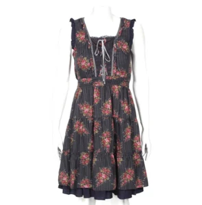 AXES FEMME Blue Striped Red Rose Floral Lace-Up Lace Victorian Dress sz S /653 - Picture 1 of 6