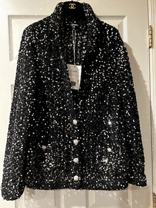 Chanel 23C NEW TAGS BLACK GOLD SILVER CROCHET JACKET JEWELED CC BUTTONS FR40-42 - Picture 1 of 24