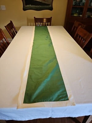 Pottery Barn Green Silk with Cream Banding Table Runner Holiday 89" x 16" - Image 1 of 4