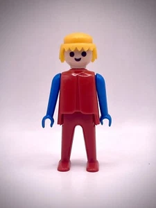 Vintage Geobra Playmobil Single Figure 1974 Red & Blue with Blonde Hair - Picture 1 of 4