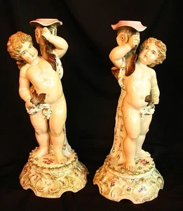 LARGE CHERUB CANDLESTICKS w SEA MONSTER MEISSEN CROSSED SWORDS c.1880 - Picture 1 of 12