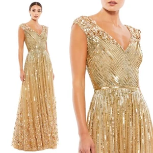 Mac Duggal Size 10 Sequin Floral Embellished Champagne Gold 5223 Dress - Picture 1 of 14