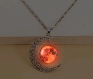 Crescent Moon Glow In the Dark Pendant - Red Blood Moon Necklace - Picture 1 of 3