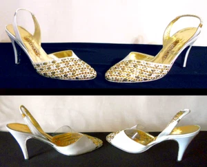 BELTRAMI SLINGBACK PUMPS White & Gold, Almond Toe_Italy_US 5 see measurements - Picture 1 of 9