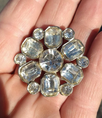 Antique Pot Metal Button with Clear Rhinestone Pastes Large Cover