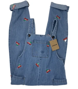 NWT Mini Boden Girls Small 6-7 Denim Christmas Embroidered Overalls - Picture 1 of 9