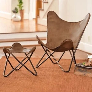 Handmade Vintage Leather Butterfly Chair, Leather Metal Chair with Foot Stool - Picture 1 of 3