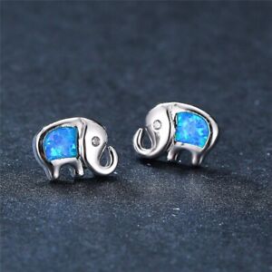 Women's Silver Blue Simulated Opal Stone Elephant Stud Earring Wedding Jewelry