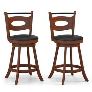 2PCS Bar Stools 360° Swivel Dining Chairs Solid Rubber Wood Padded Seat Counter - Picture 1 of 10