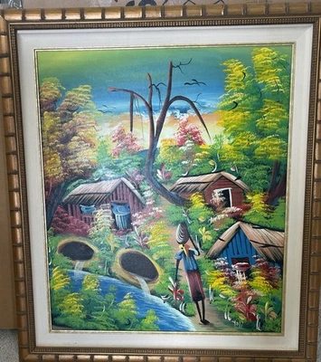 Signed Haitian FOLK ART Tropical Oil Naive Painting On Canvas - Image 1 of 4