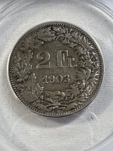 1903-B Switzerland 2 Francs Silver Coin Graded VF 20 Details Cleaned by ANACS - Picture 1 of 8