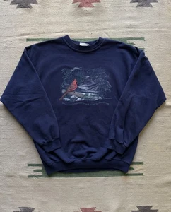 Vintage 90s Northern Reflections Winter Bird Cabin Navy Pullover Sweater Size L - Picture 1 of 5