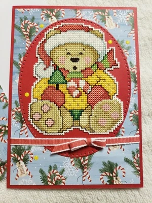 Handcrafted cross-stitch Christmas greeting card, teddy bear - Image 1 of 3