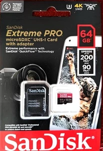 SanDisk Extreme PRO 64GB SDXC Memory Card up to 200MB/s UHS-1 Class 10, U3, V30 - Picture 1 of 3