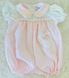Vintage Alexis Baby Girls Pink White Eyelet Bubble Romper Size 3 Months - Picture 1 of 7