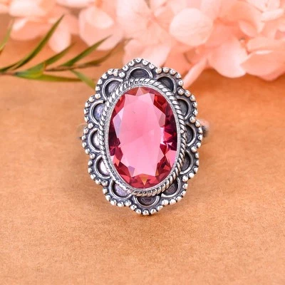 Anillo hecho a mano de plata de ley 925 maciza con piedras preciosas de turmalina rubelita rosa V3057 Foto 1 de 4