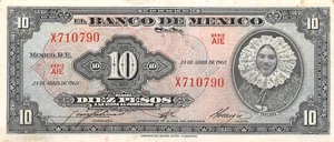Mexico 10 Pesos 24.4.1963 Series AIE Prefix X Circulated Banknote X20 - Picture 1 of 2