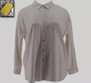 CAMICIA TUNICA TOP NUOVO CON ETICHETTE SUSAN GRAVER PURO LINO MARRONE BEIGE RIGHE BIANCHE MISTO LINO 3X - Foto 1 di 14