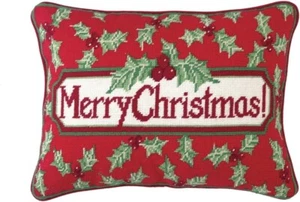 Merry Christmas Holly Needlepoint Throw Pillow - Picture 1 of 4