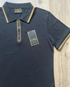 Casa Moda Men’s Polo Kne Shirt Black Zip Trim Pattern Short Sleeve Size S - Picture 1 of 6