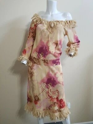 Moschino 真丝花卉荷叶边米色多色连衣裙 6 码 — 第 1/4 张图片