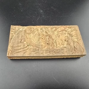 Antique Carved Wood Stamp Printers Ink Block Camp Fire 4.25x1.75 inch - Picture 1 of 8