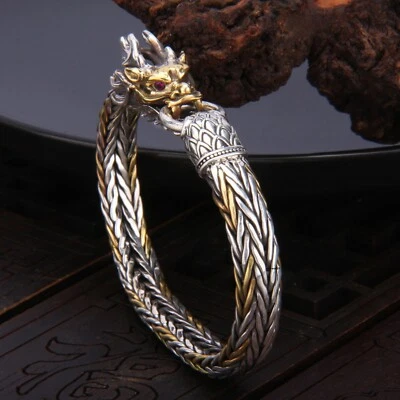 Solid 925 Sterling Silver Chain Men Lucky Braided Wheat Dragon Bracelet 8.6inch - Image 1 of 4