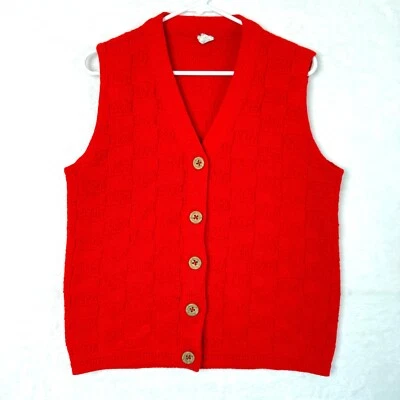 Chaleco Vintage Crochet Cuadros Frontal Botón Cuello en V Mujer L Rojo Foto 1 de 4